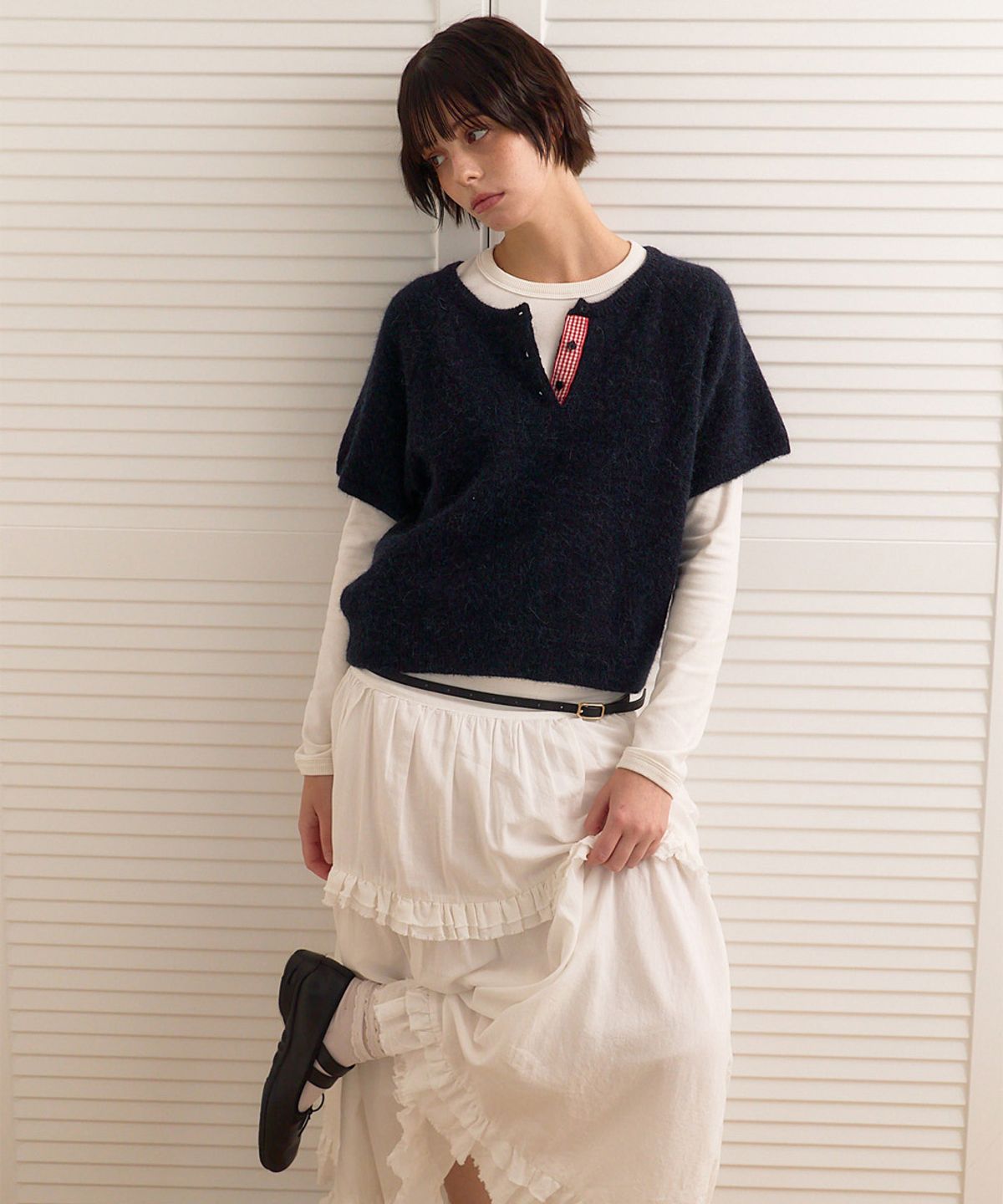 베이비블루니들즈(BABYBLUENEEDLES) Hairy Alpaca Henley-neck Knit Pullover DEEP NAVY
