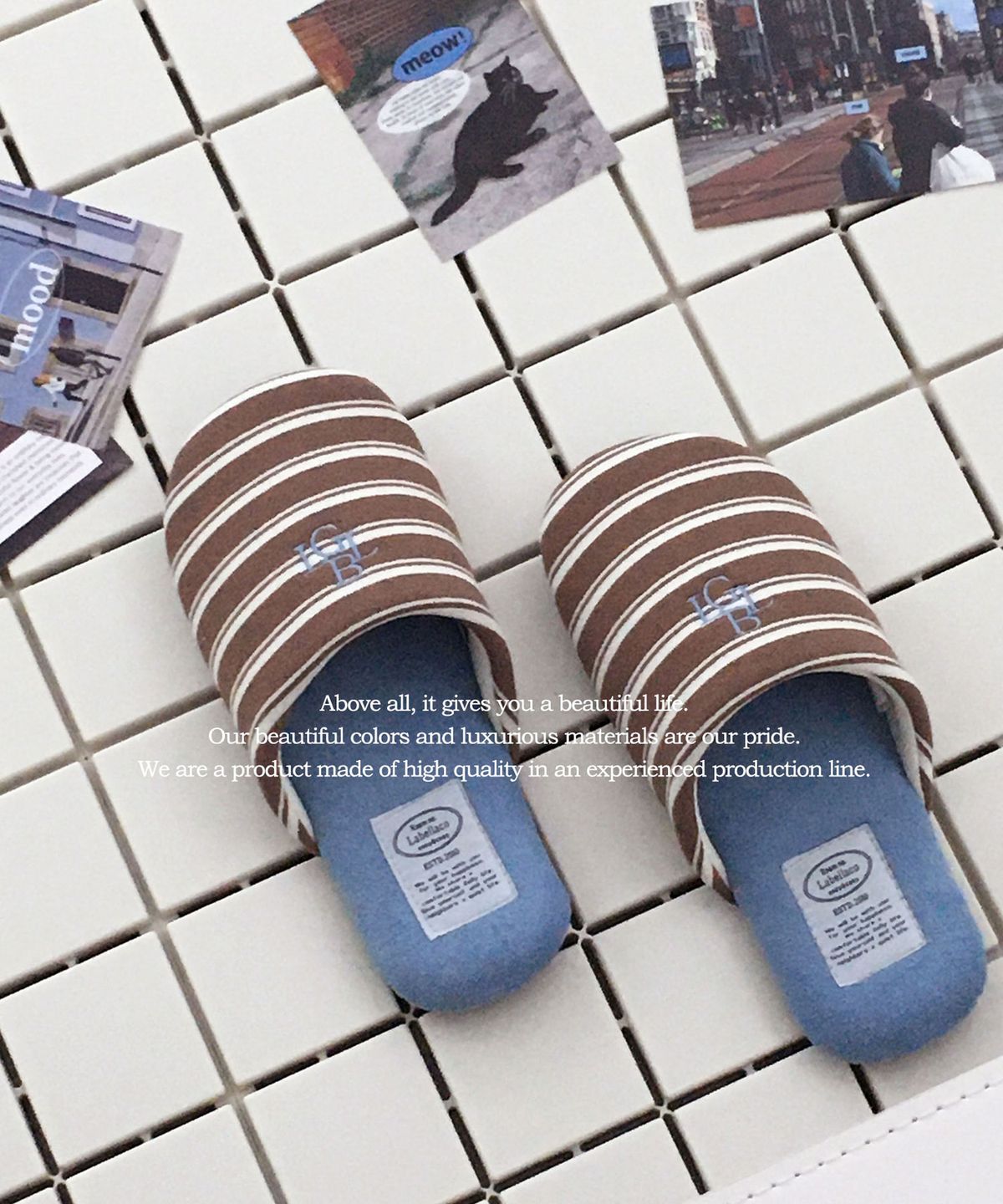 라벨라코(LABELLACO) 바빌론 빈티지 스트라이프 타올 쿠션 룸슈즈 거실화 실내화 층간소음 슬리퍼