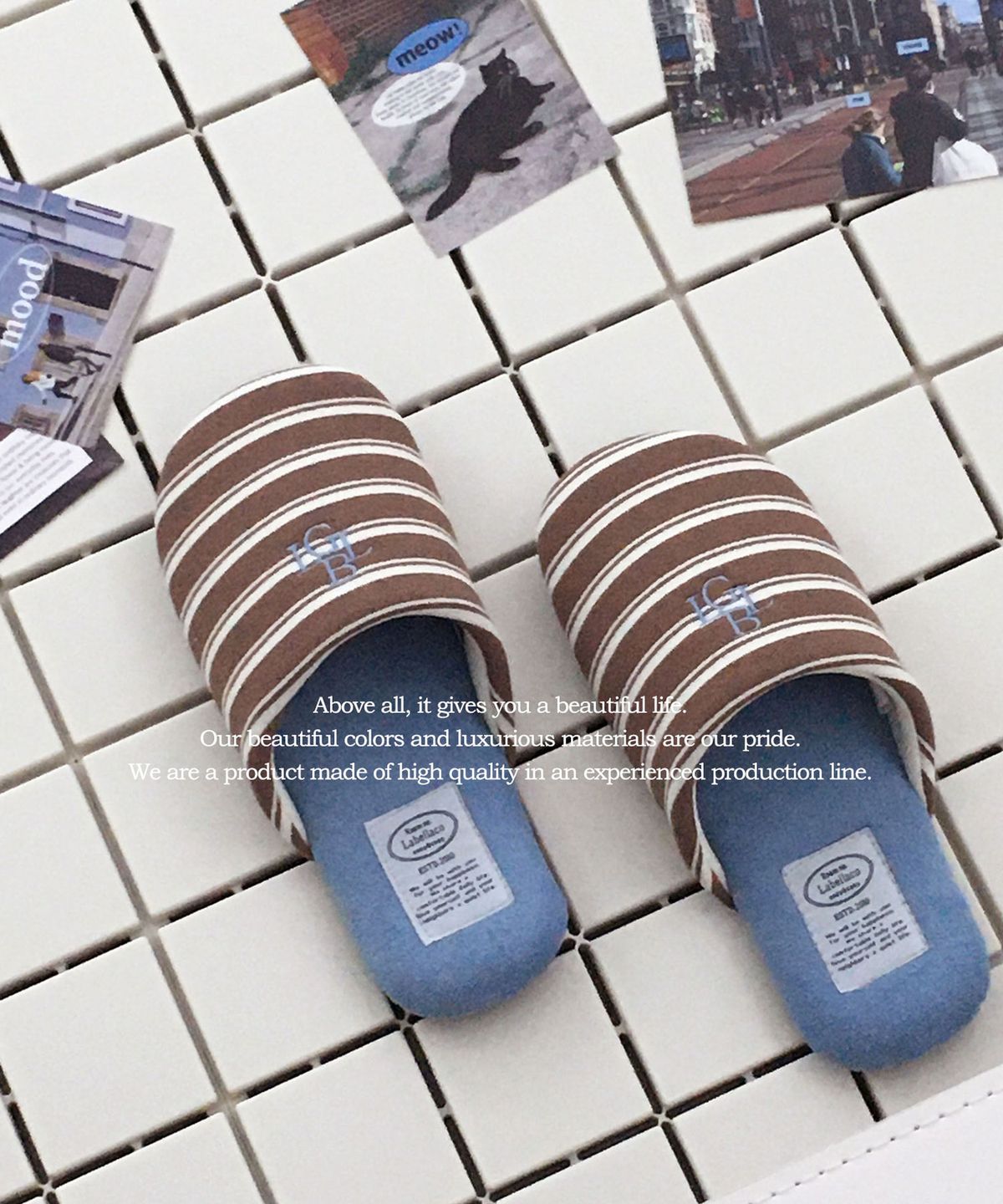라벨라코(LABELLACO) 바빌론 빈티지 스트라이프 타올 쿠션 룸슈즈 거실화 실내화 층간소음 슬리퍼