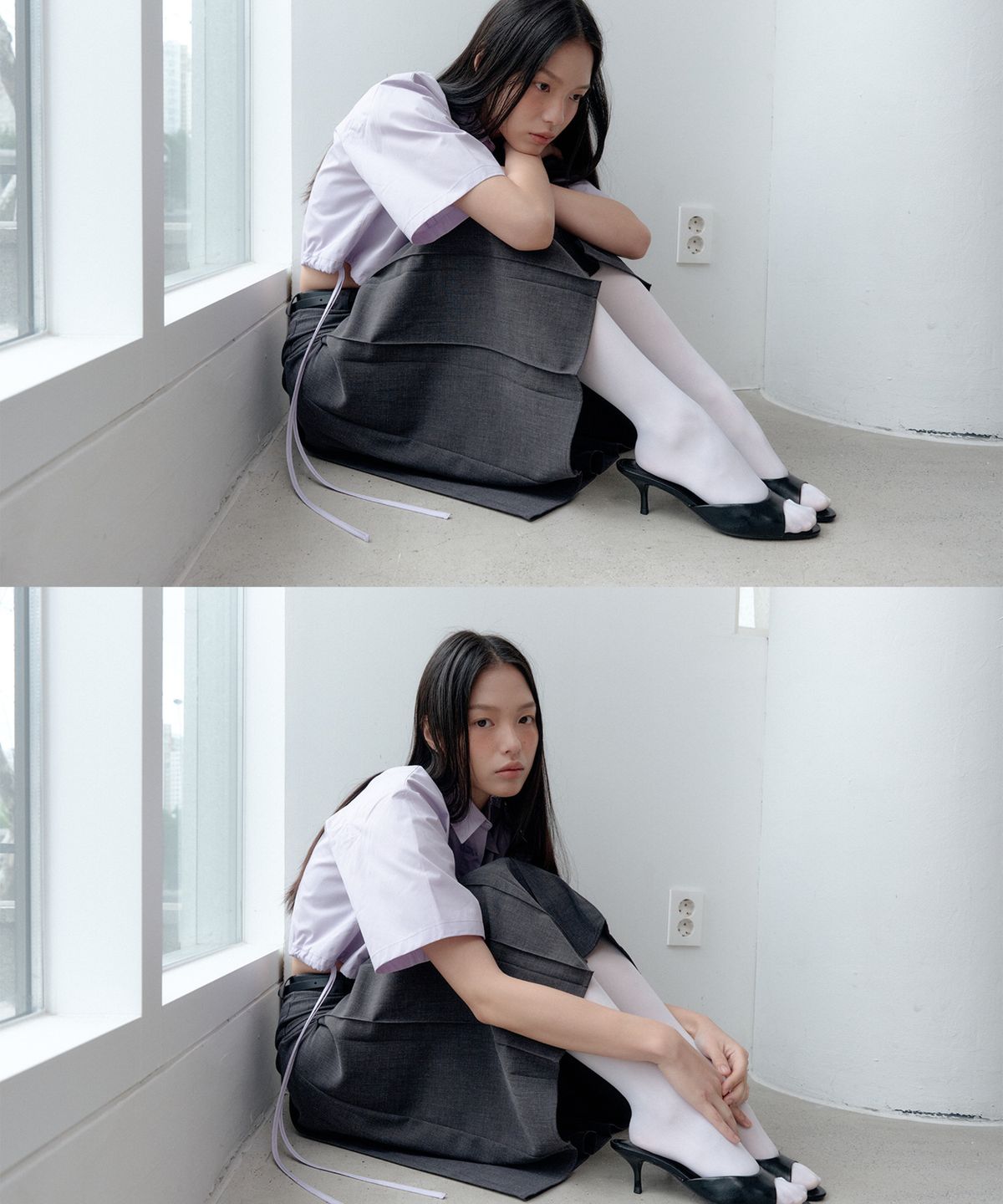 벨르(VELLE) Ribbon Strap Crop Shirt_Light Purple
