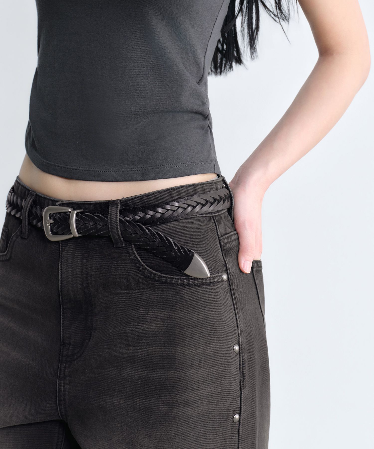 Women's Stud Wide Denim Pants in Rusty Black thumbnail 6