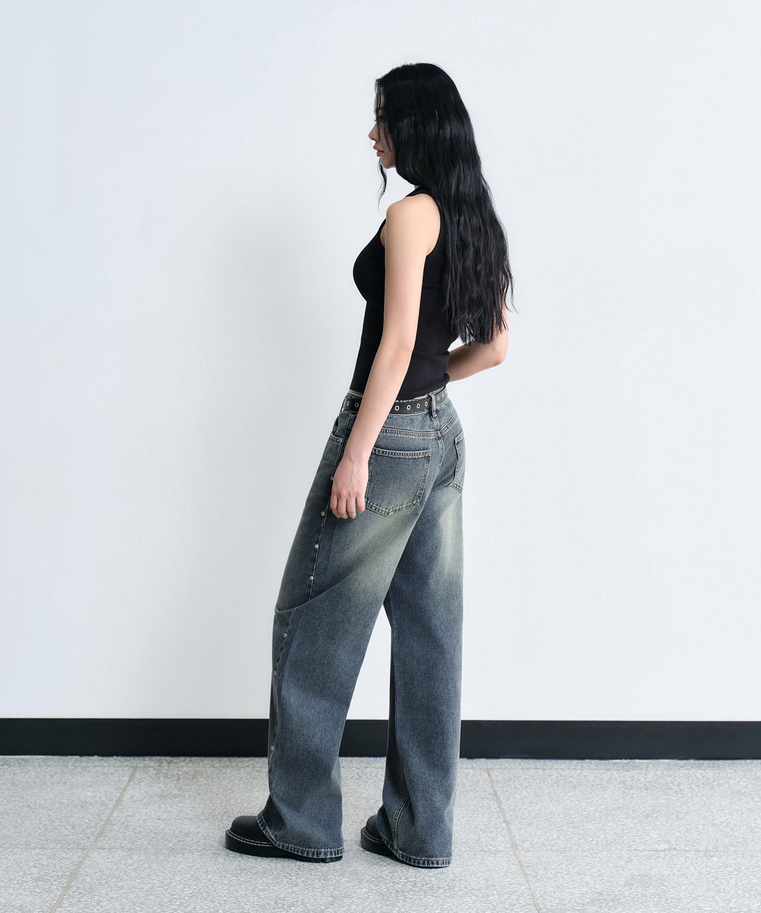 Women's Stud Wide Denim Pants - Rusty Blue thumbnail 4