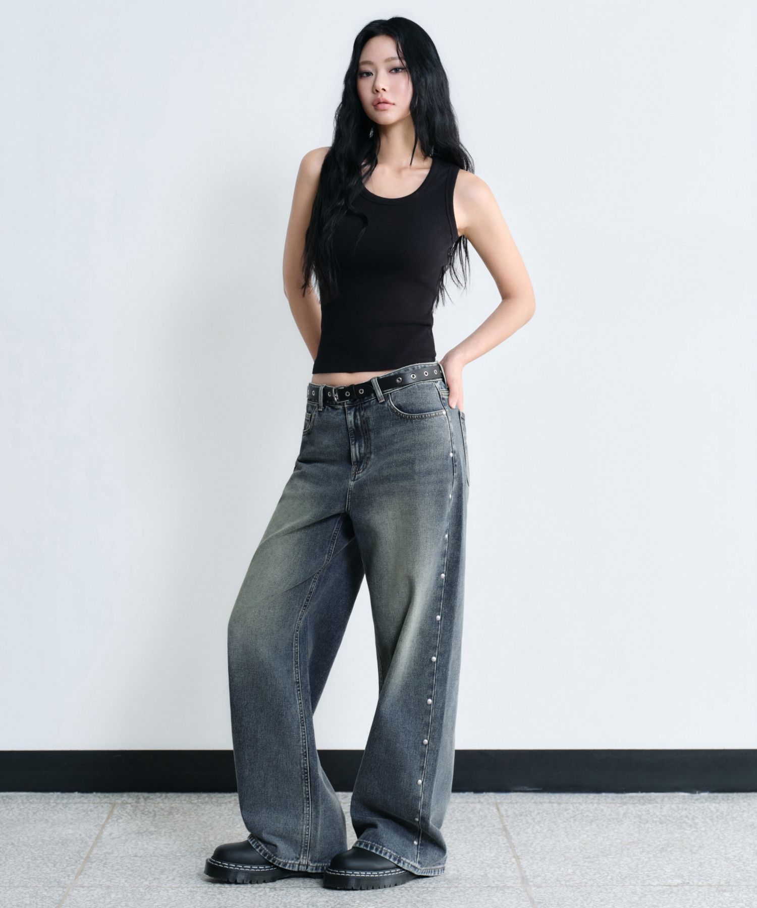 Women's Stud Wide Denim Pants - Rusty Blue thumbnail 3