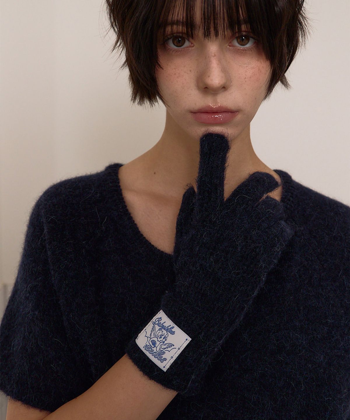 베이비블루니들즈(BABYBLUENEEDLES) Hairy Alpaca Knit Gloves DEEP NAVY