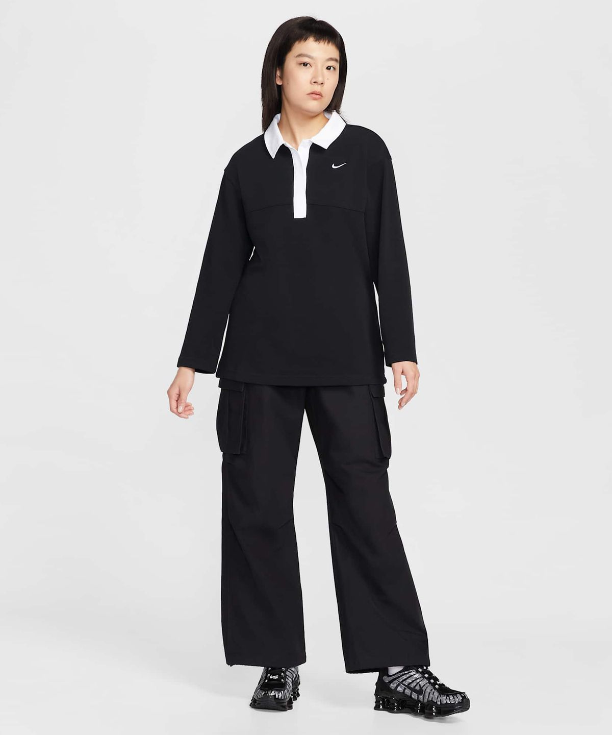 나이키(NIKE) 스포츠웨어 오버사이즈 긴소매 폴로 W - 블랙:화이트 / IF0358-010