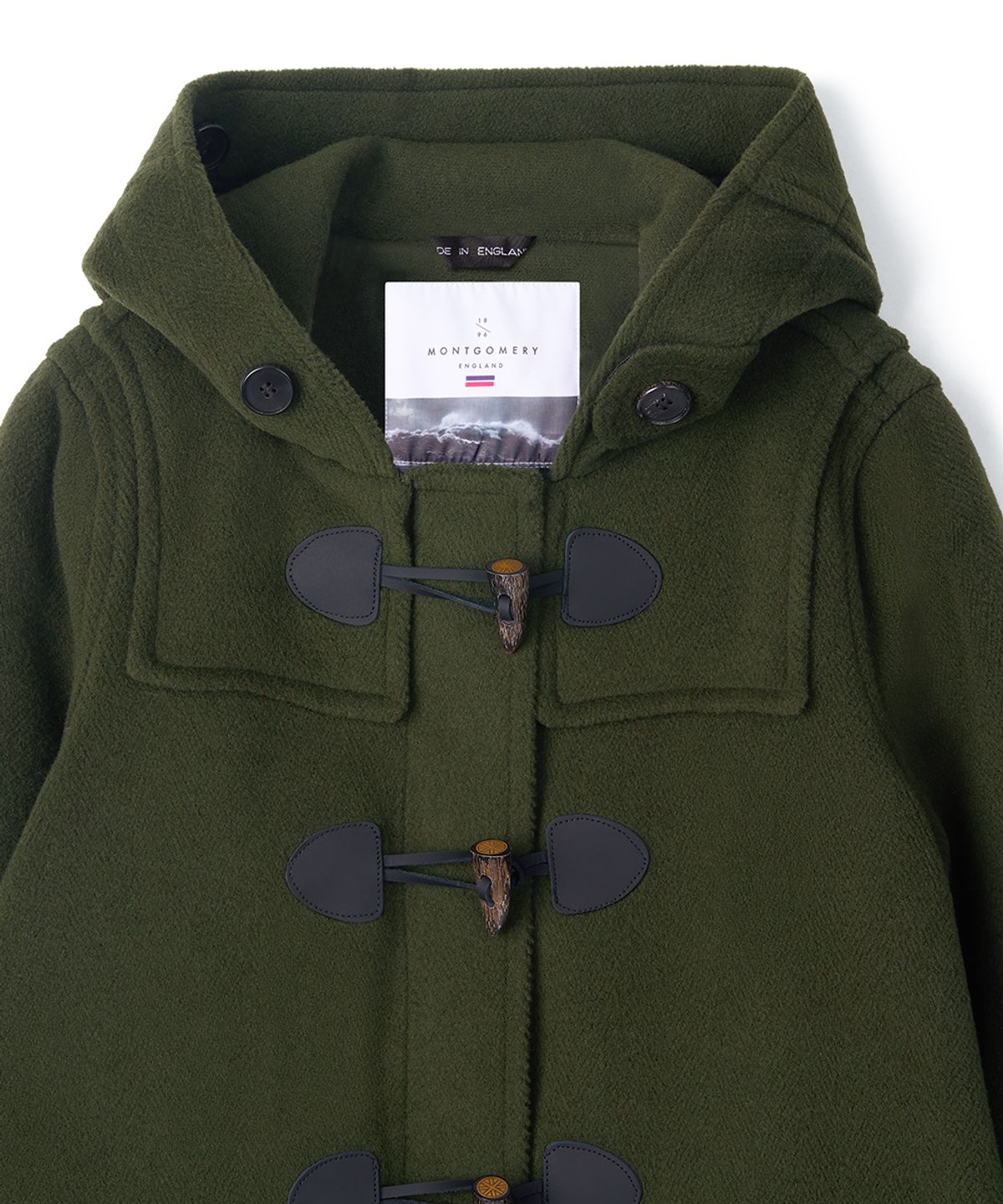 몽고메리(MONTGOMERY) WOMENS CLASSIC HERRINGBONE DUFFLE COAT WITH HORN - GREEN