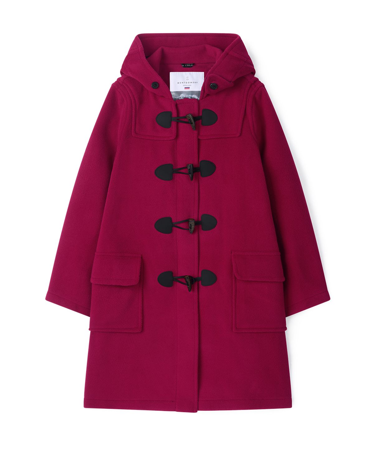 몽고메리(MONTGOMERY) WOMENS CLASSIC HERRINGBONE DUFFLE COAT WITH HORN - CHERRY