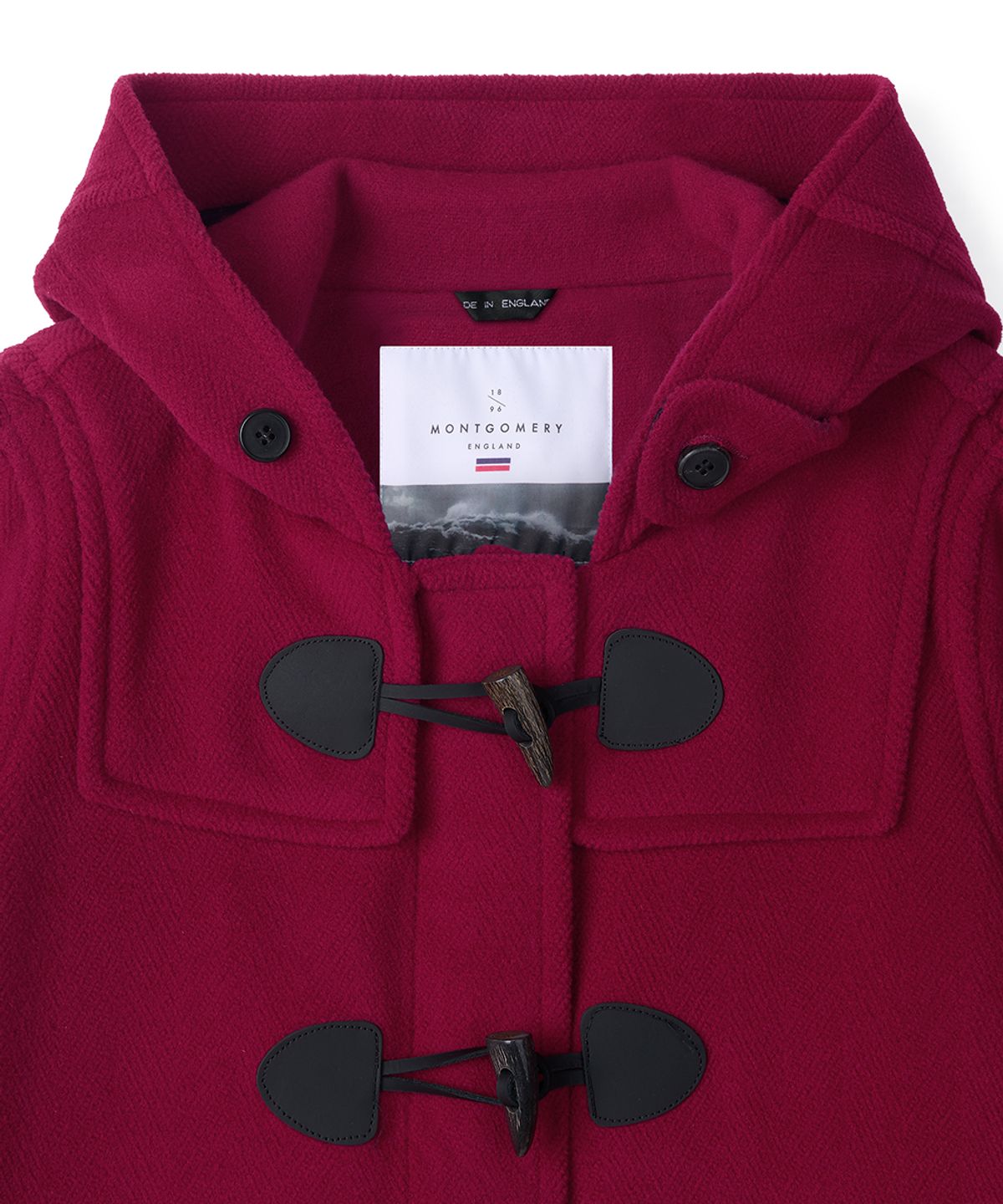 몽고메리(MONTGOMERY) WOMENS CLASSIC HERRINGBONE DUFFLE COAT WITH HORN - CHERRY