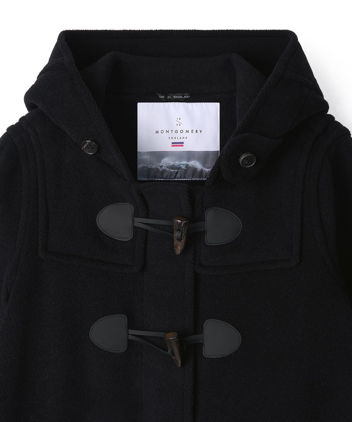 몽고메리(MONTGOMERY) WOMENS CLASSIC HERRINGBONE DUFFLE COAT WITH HORN - BLACK