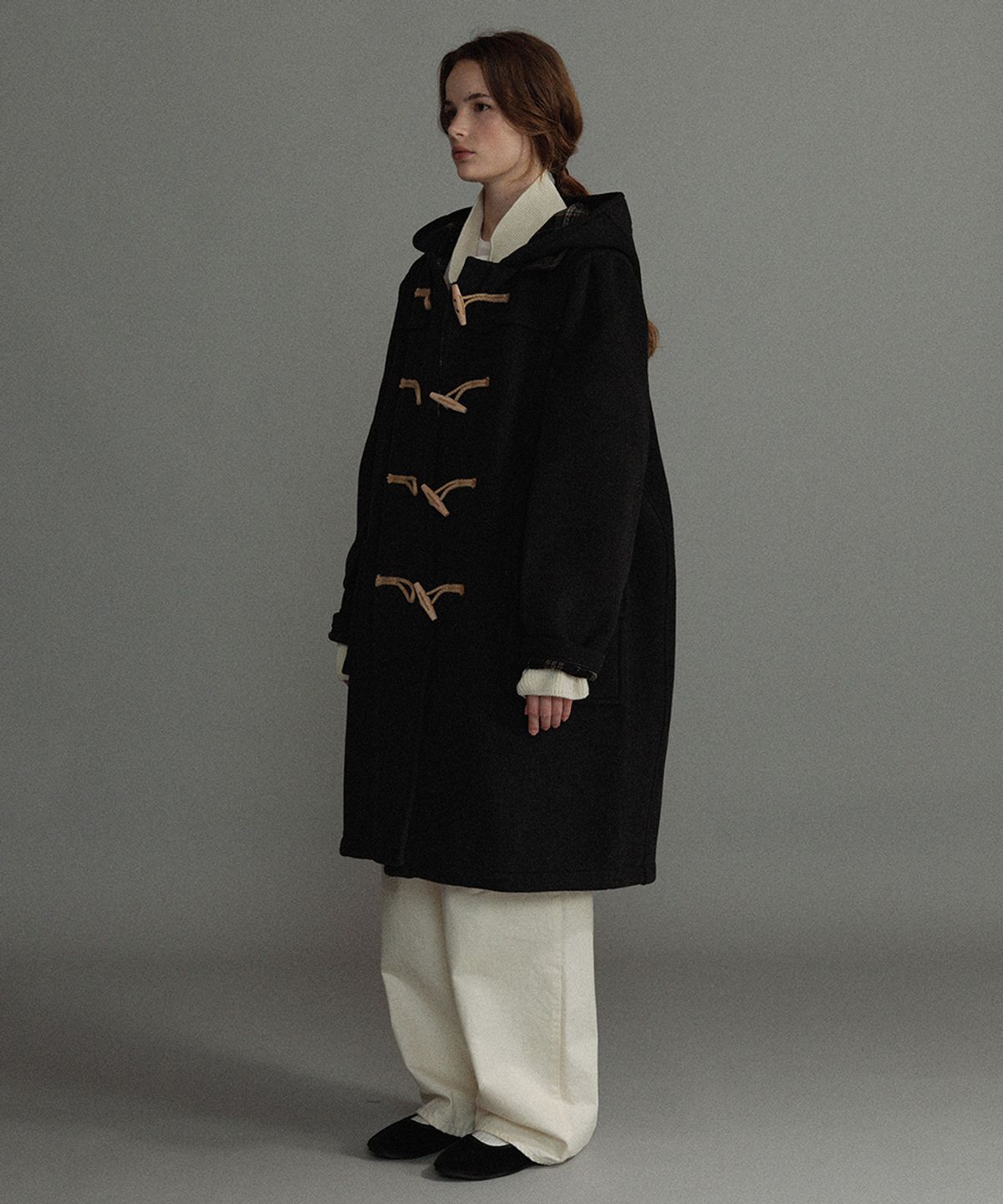 몽고메리(MONTGOMERY) WOMENS CLASSIC FIT DUFFLE COAT WITH WOODEN - CHARCOAL