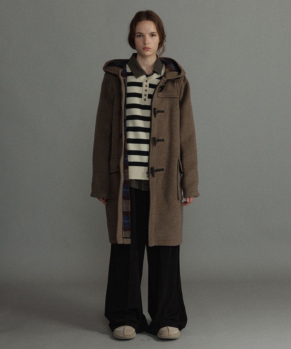 몽고메리(MONTGOMERY) WOMENS CLASSIC FIT DUFFLE COAT WITH HORN - MUSHROOM