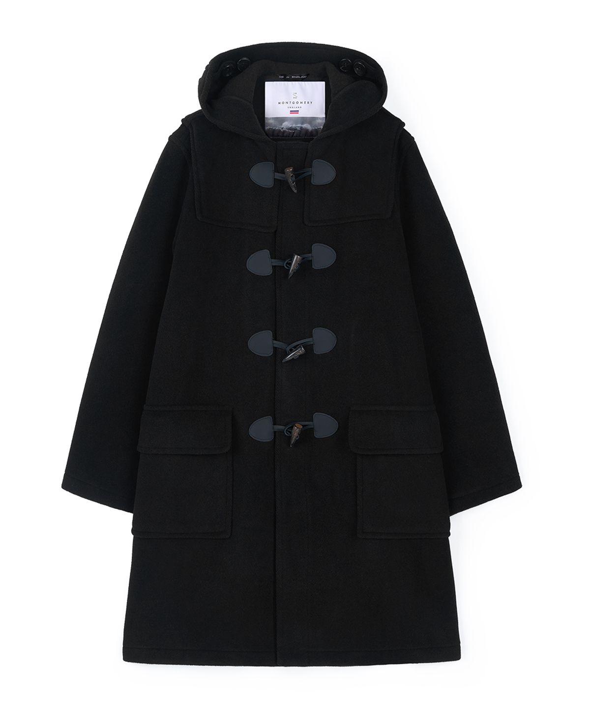 몽고메리(MONTGOMERY) CLASSIC HERRINGBONE DUFFLE COAT WITH HORN - BLACK