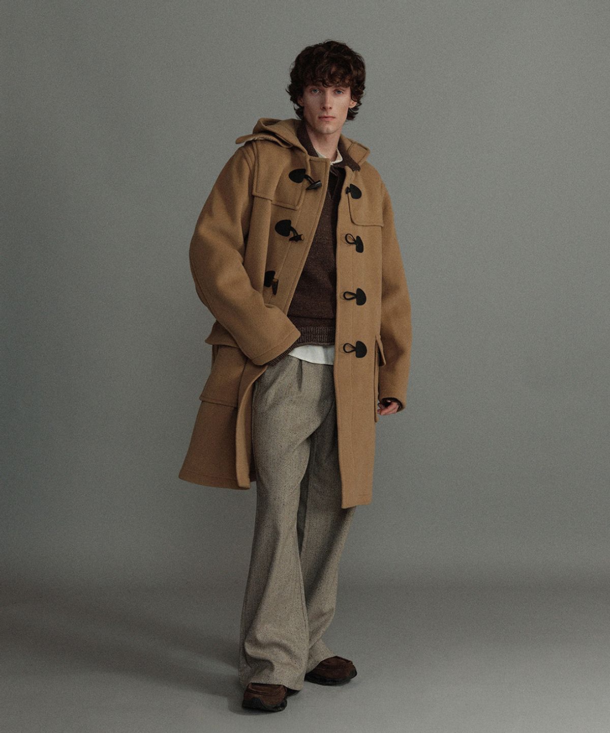 몽고메리(MONTGOMERY) CLASSIC HERRINGBONE DUFFLE COAT WITH HORN - CAMEL