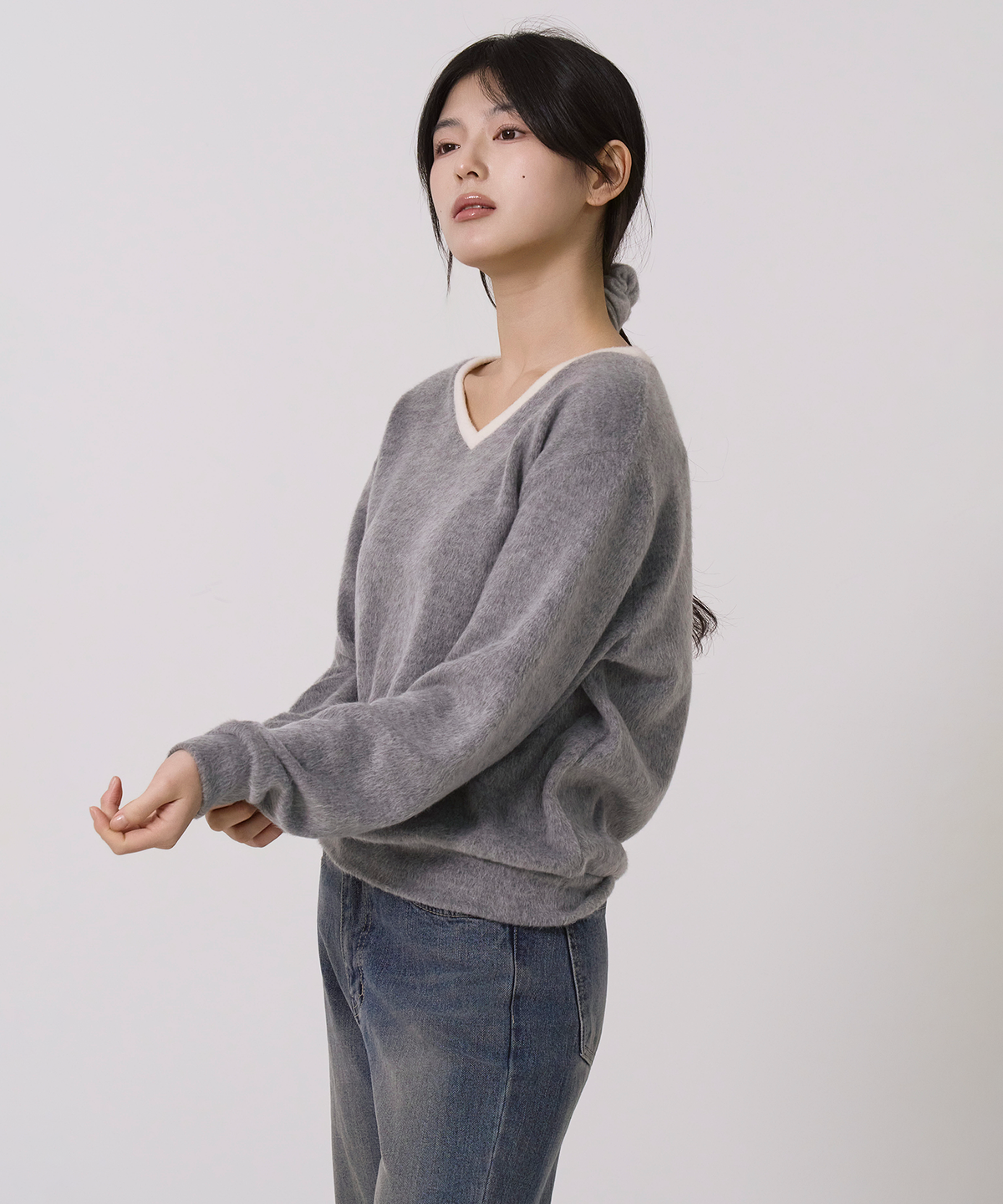 사유(SAYUU) 브러쉬 브이넥 풀오버 멜란지 그레이