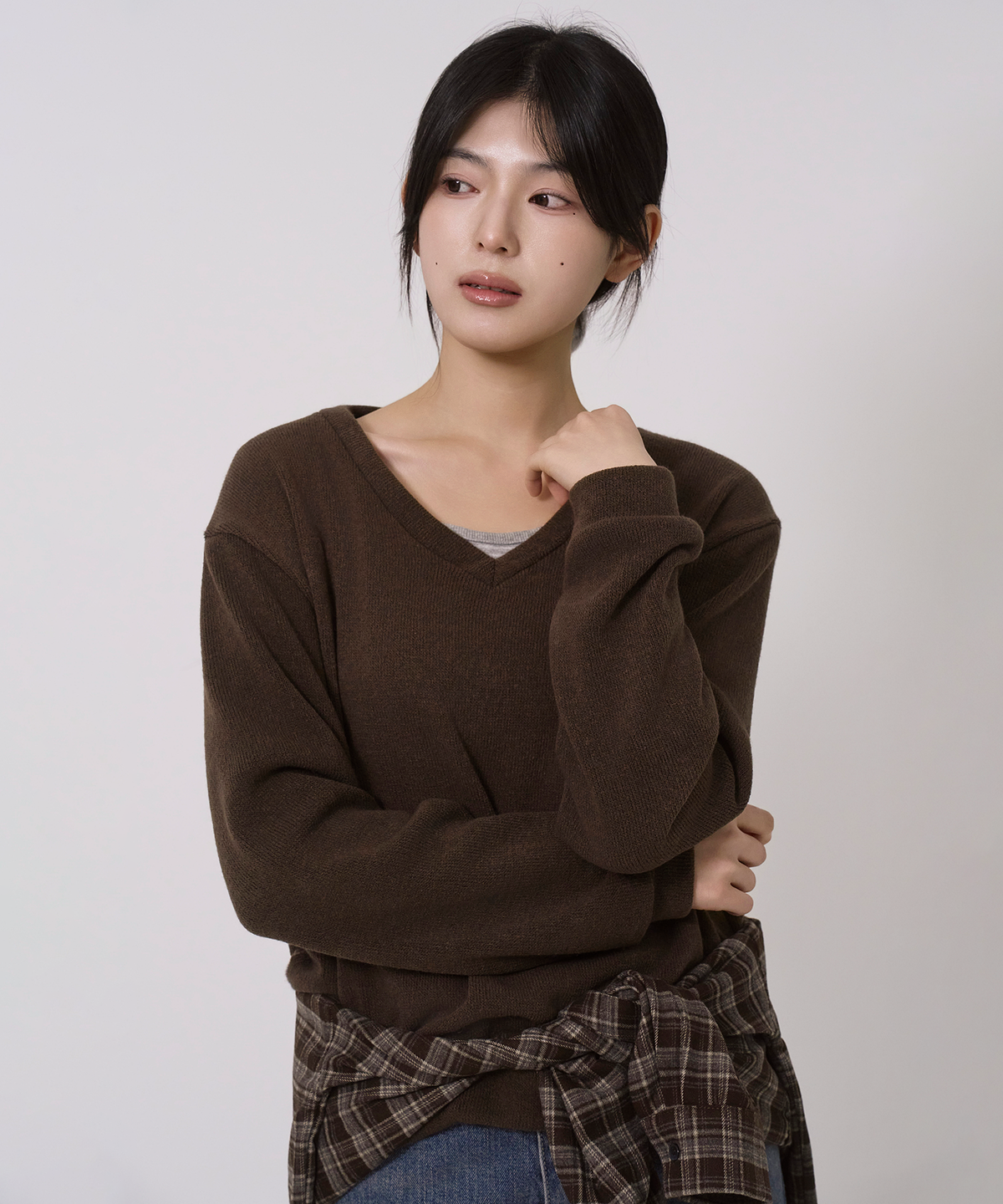 사유(SAYUU) 울 브이넥 풀오버 브라운