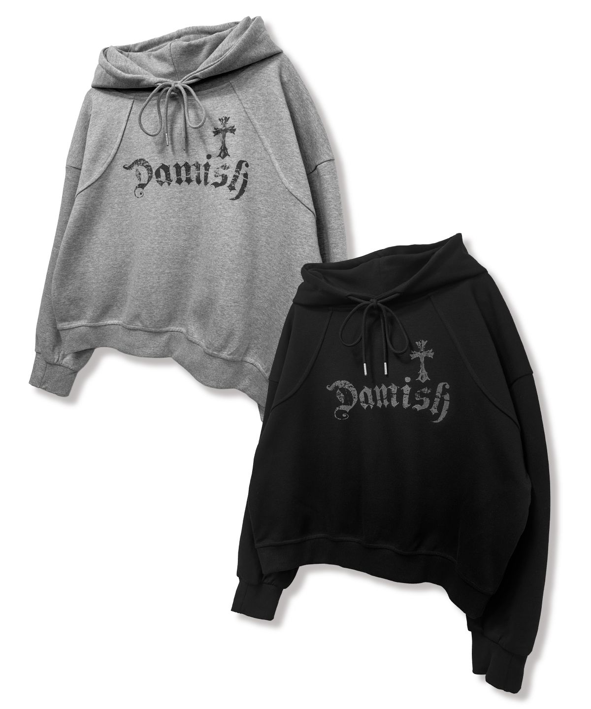 다미쉬(DAMISH) 고딕 크로스 아치 레터링 후드_그레이