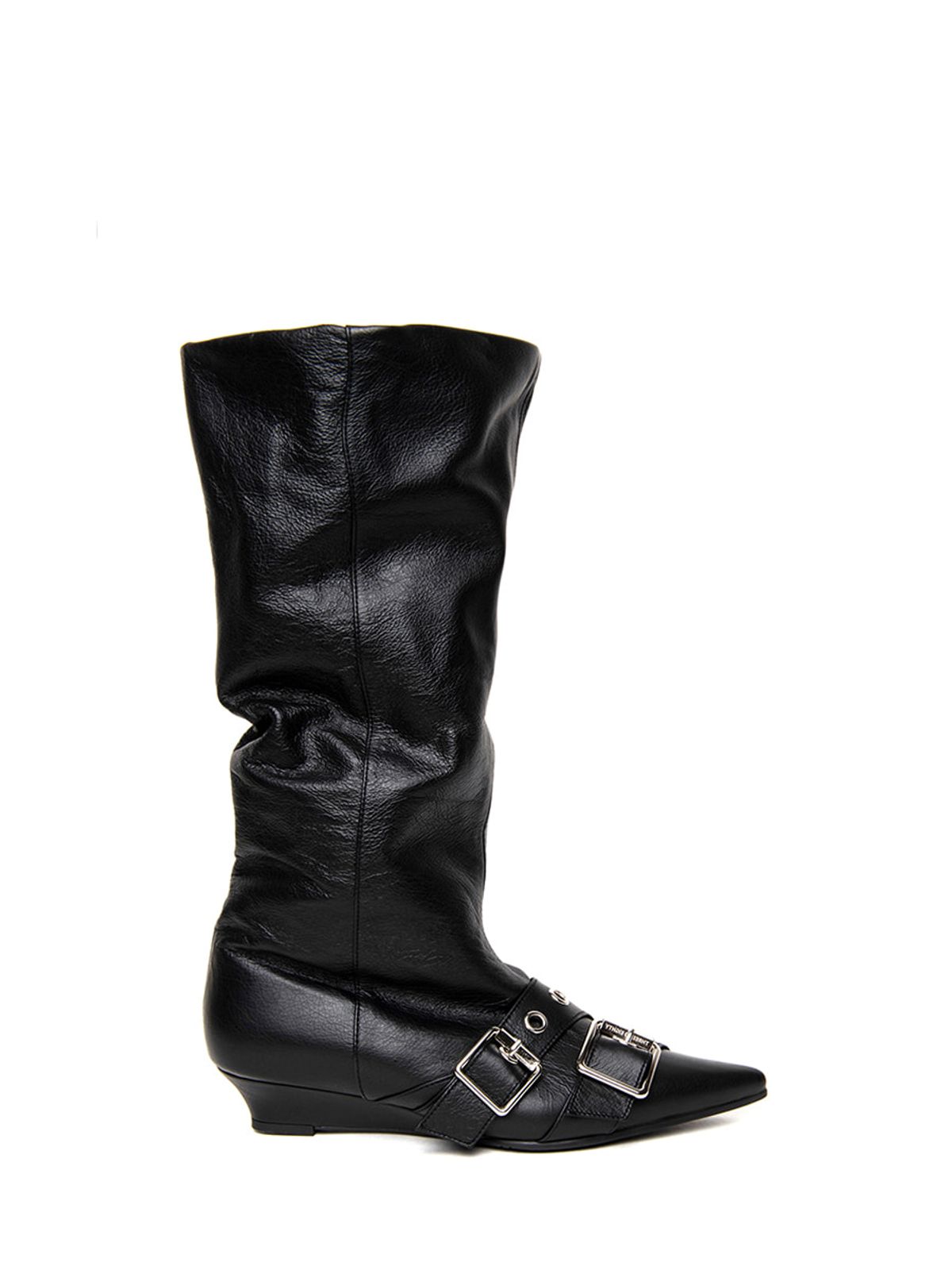 쓰리투에이티(THREE TO EIGHTY) BUCKLE KITTEN HEEL BOOTS BLACK