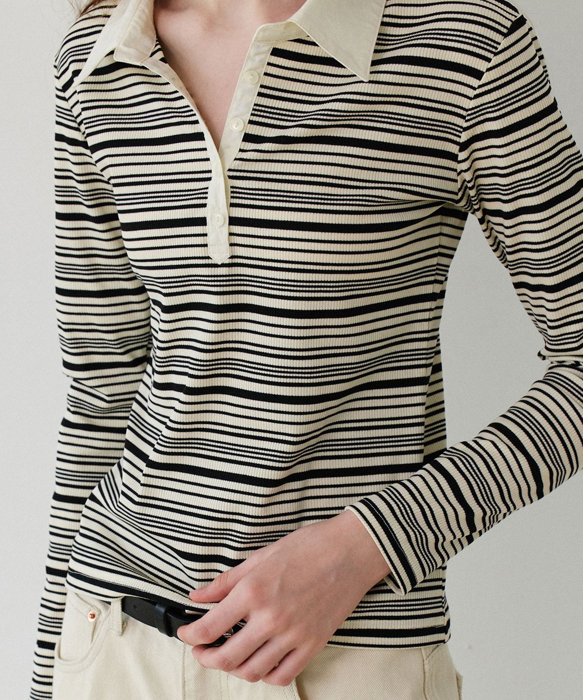 그라스플랜(GRASPLAN) Henley Neck Stripe T-shirt_Cream Black