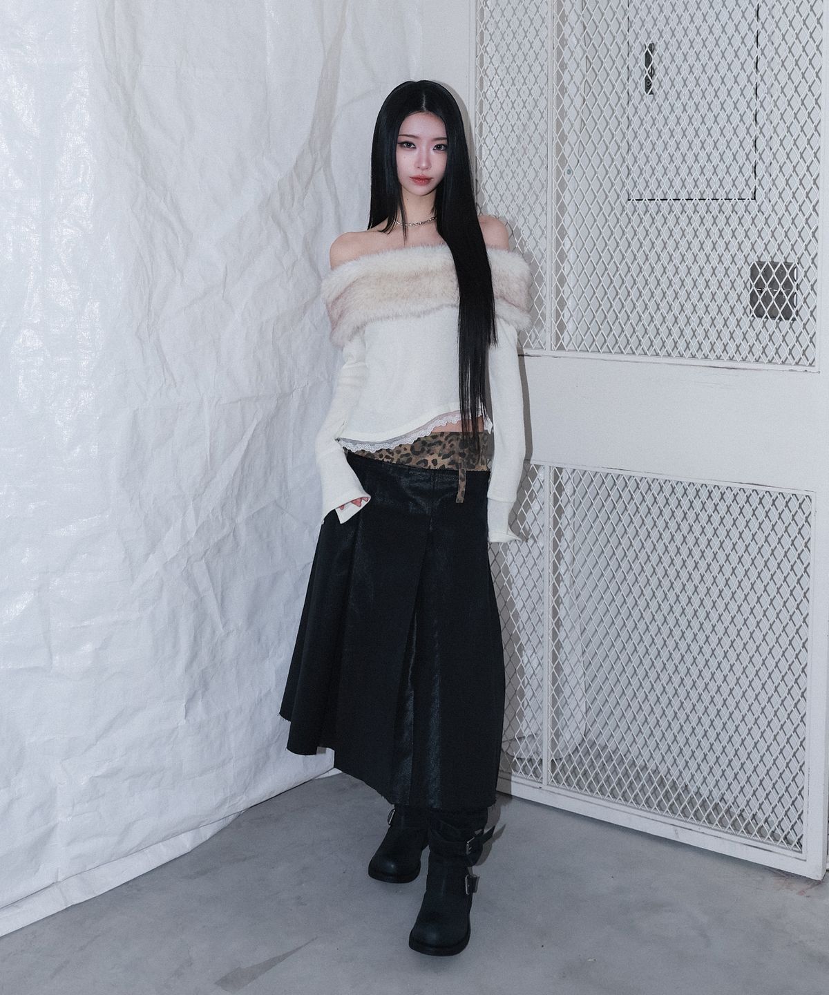 체리퀴리(CHERRYQUIRI) leopard long pleats wrap sk - black
