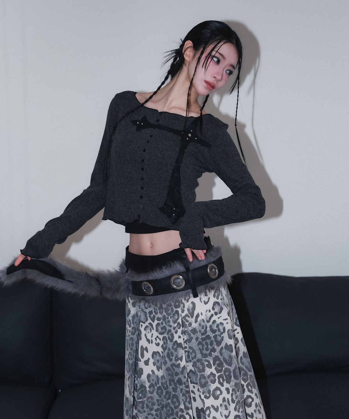 체리퀴리(CHERRYQUIRI) leopard long pleats wrap sk - grey
