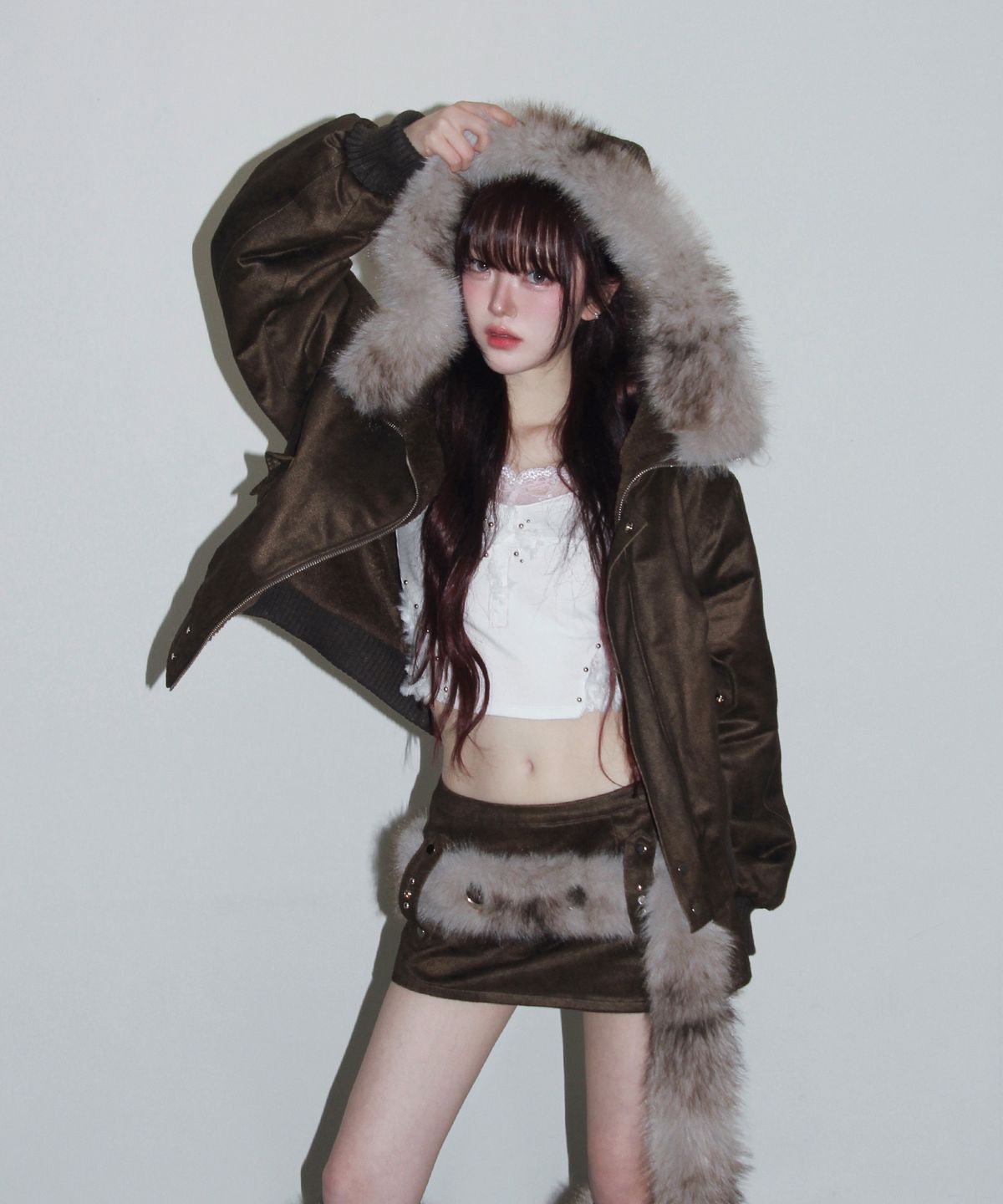 체리퀴리(CHERRYQUIRI) suede fur hoodie jumper - khaki