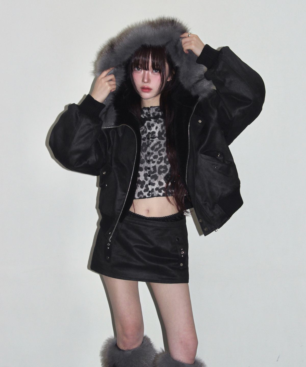 체리퀴리(CHERRYQUIRI) suede fur hoodie jumper - black
