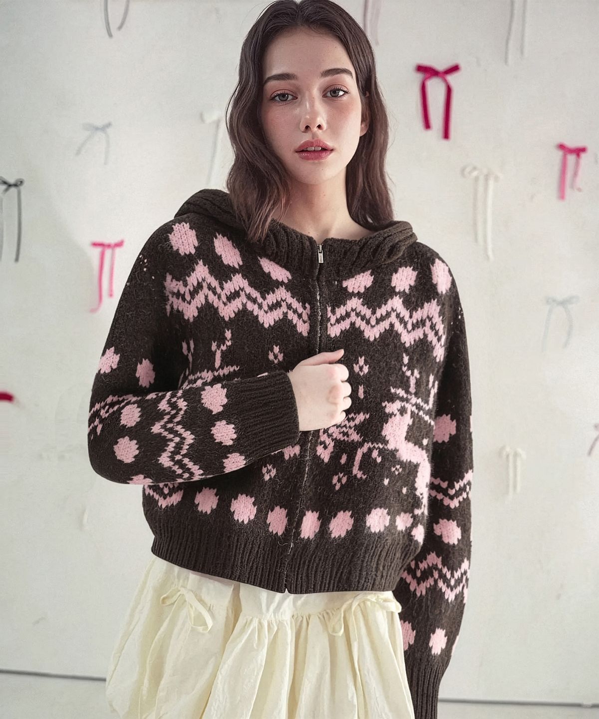 비바셔스(VIVACIOUS) Reindeer Knit Hood Zip-up_3Colors
