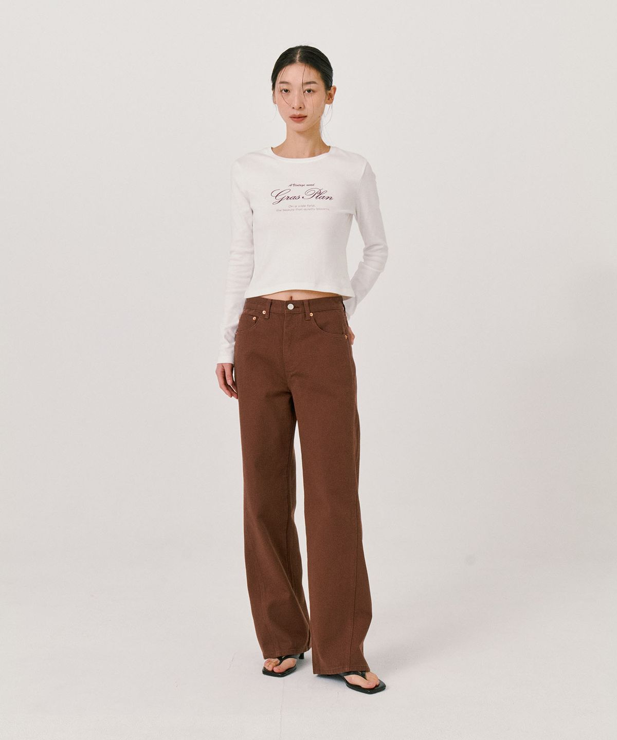그라스플랜(GRASPLAN) Loose Fit Semi Wide Denim Pants_Brown