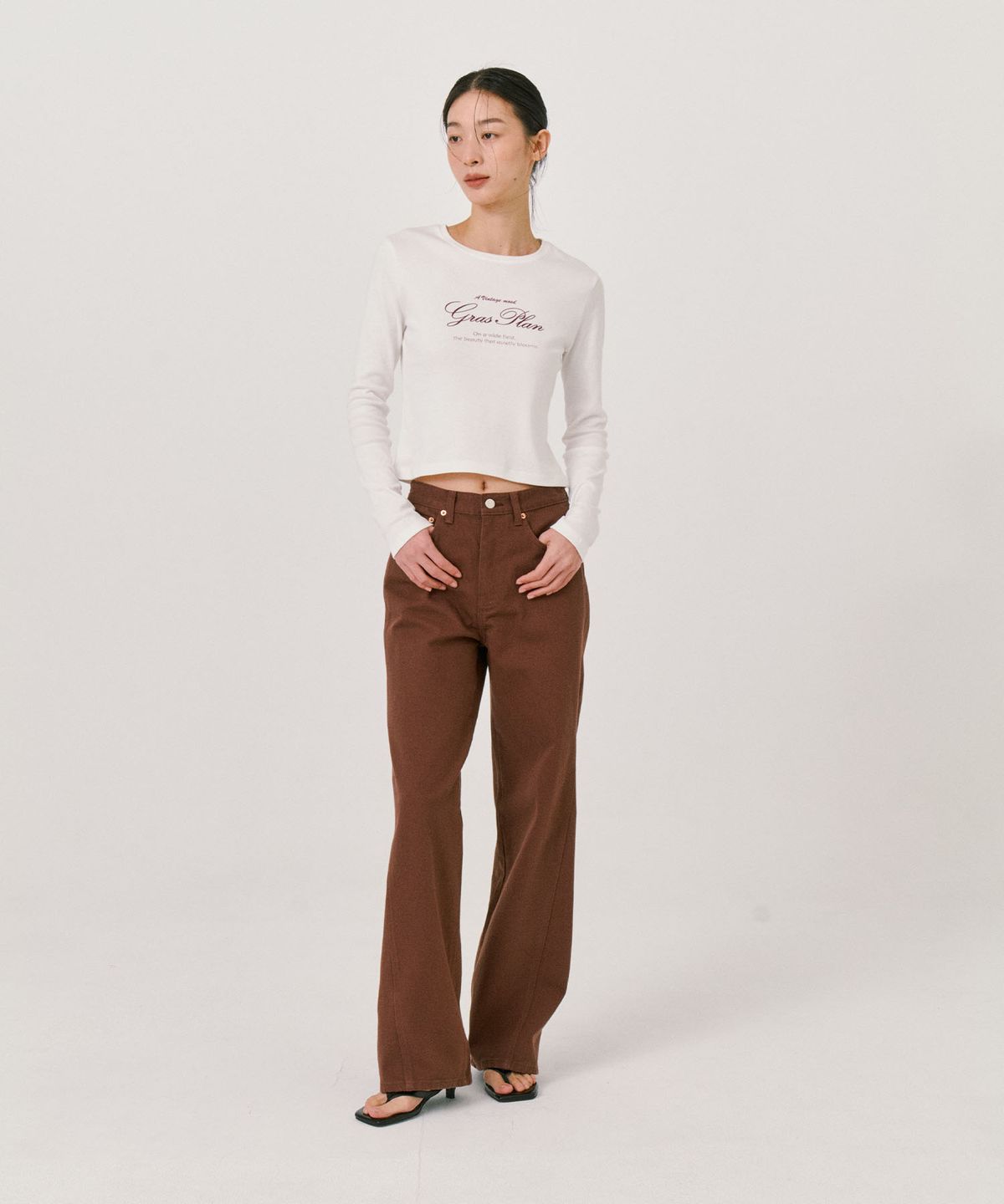 그라스플랜(GRASPLAN) Loose Fit Semi Wide Denim Pants_Brown