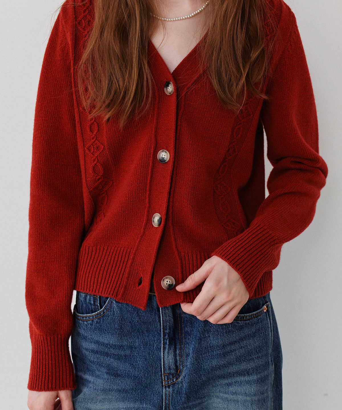 그라스플랜(GRASPLAN) V-Neck Cable Knit Cardigan_Red