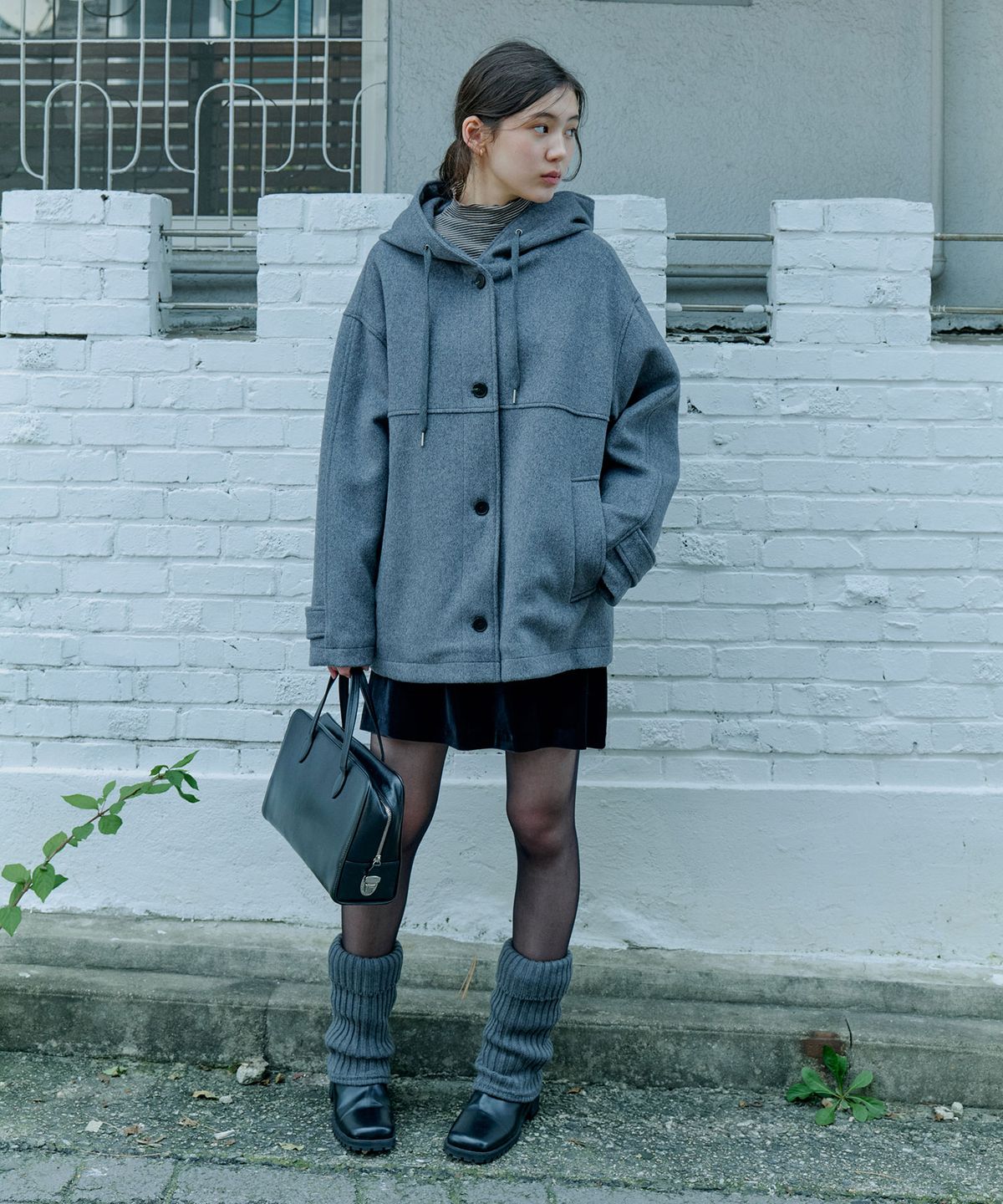 그라스플랜(GRASPLAN) Wool Hood Half Coat_Gray