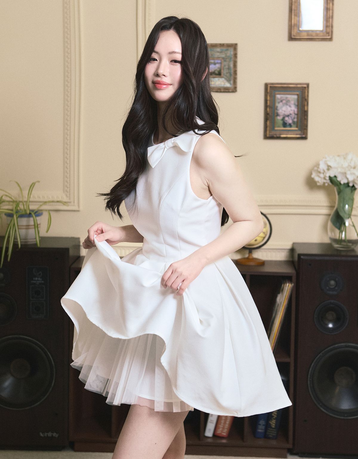 트위디아(TWEEDY-A) [ATELIER] Ophelia Ribbon Point Sleeveless short Balloon Dress White
