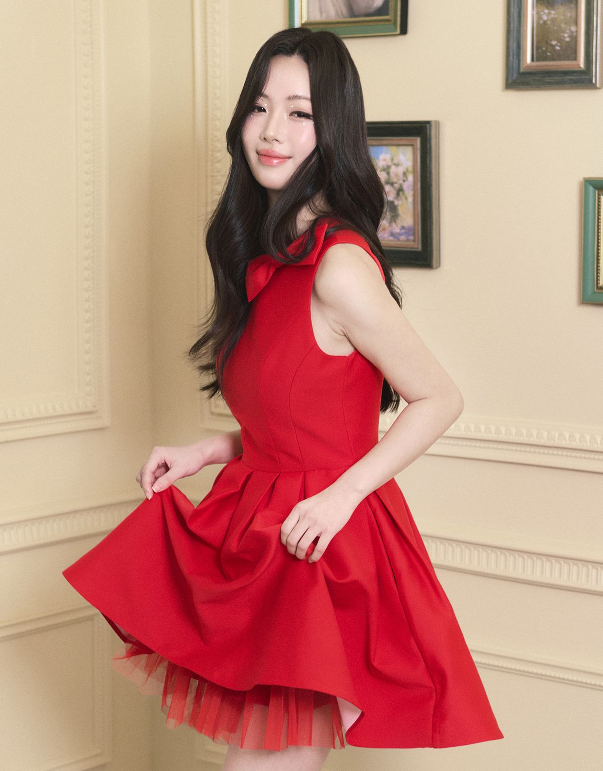 트위디아(TWEEDY-A) [ATELIER] Ophelia Ribbon Point Sleeveless short Balloon Dress Red