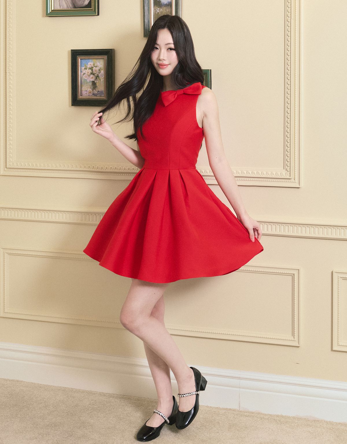 트위디아(TWEEDY-A) [ATELIER] Ophelia Ribbon Point Sleeveless short Balloon Dress Red