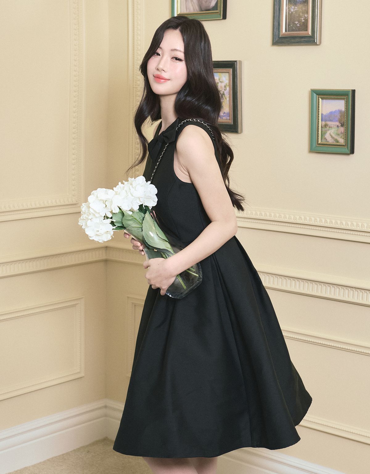 트위디아(TWEEDY-A) [LADY LINE] Ophelia Ribbon Point Sleeveless Midi Balloon Dress Black
