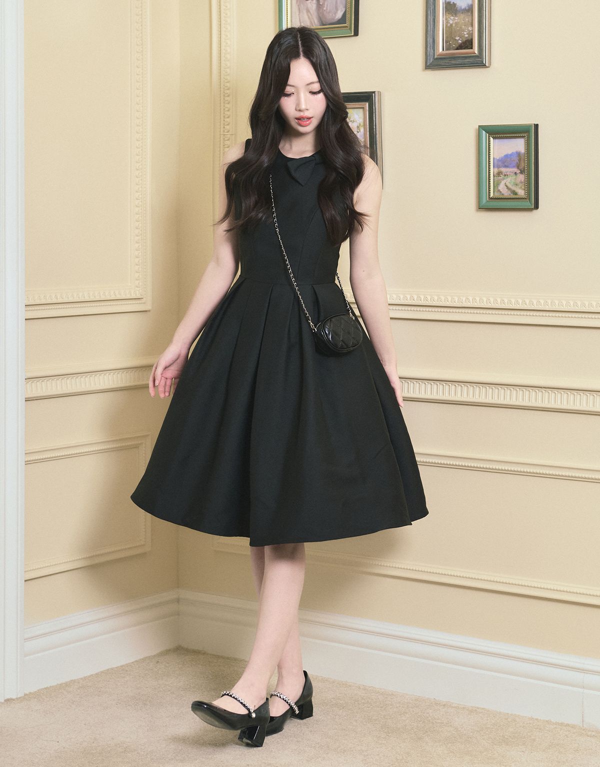 트위디아(TWEEDY-A) [LADY LINE] Ophelia Ribbon Point Sleeveless Midi Balloon Dress Black