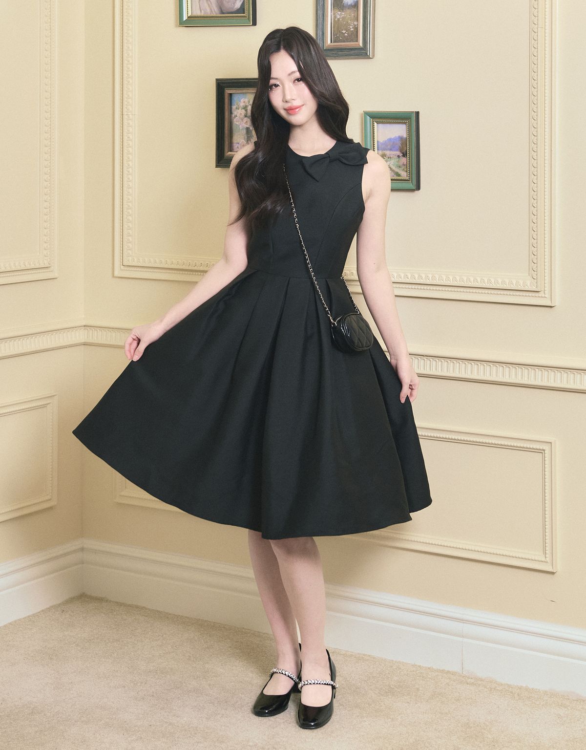트위디아(TWEEDY-A) [LADY LINE] Ophelia Ribbon Point Sleeveless Midi Balloon Dress Black