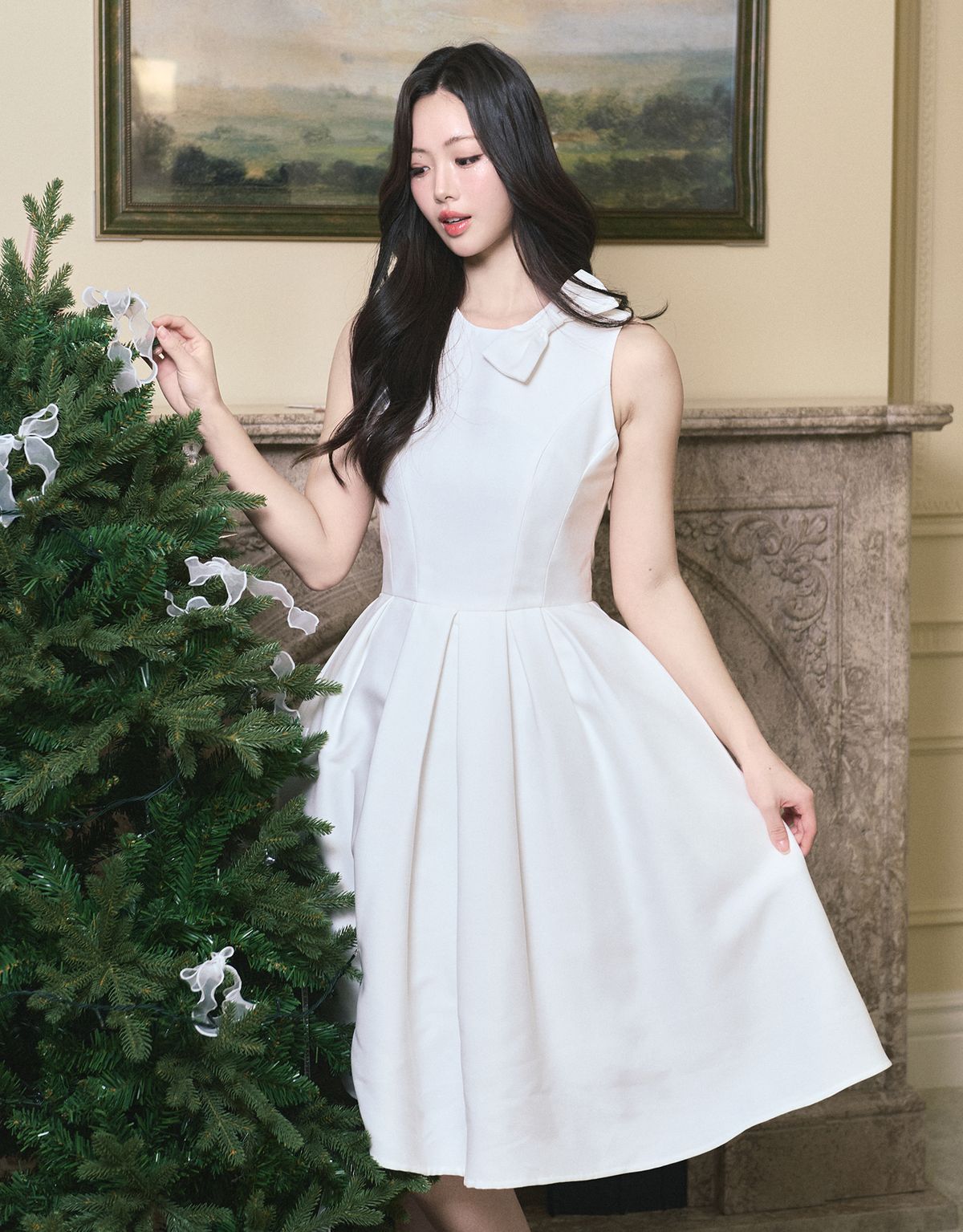 트위디아(TWEEDY-A) [LADY LINE] Ophelia Ribbon Point Sleeveless Midi Balloon Dress White