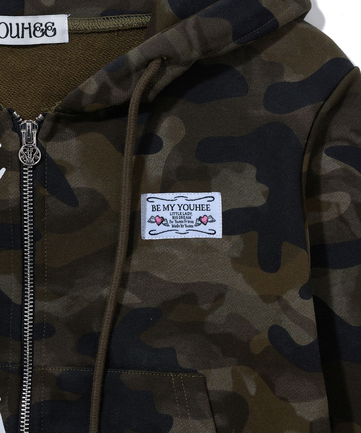 유희(YOUHEE) CAMO CROP HOOD ZIP-UP_KHAKI