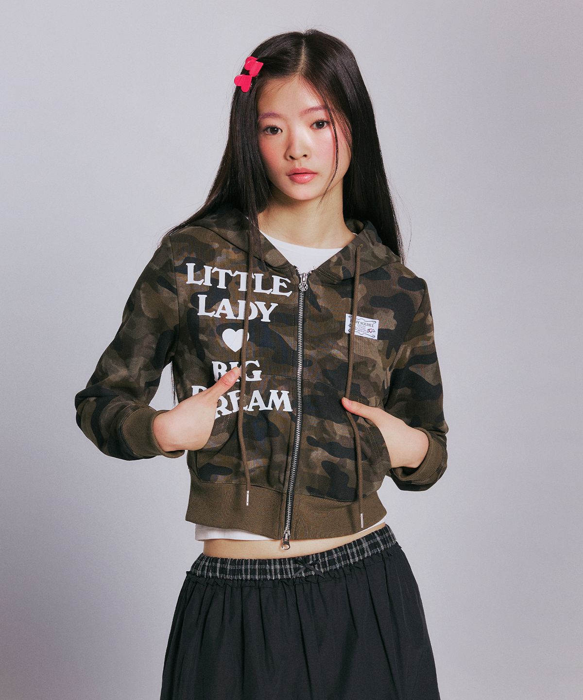 유희(YOUHEE) CAMO CROP HOOD ZIP-UP_KHAKI