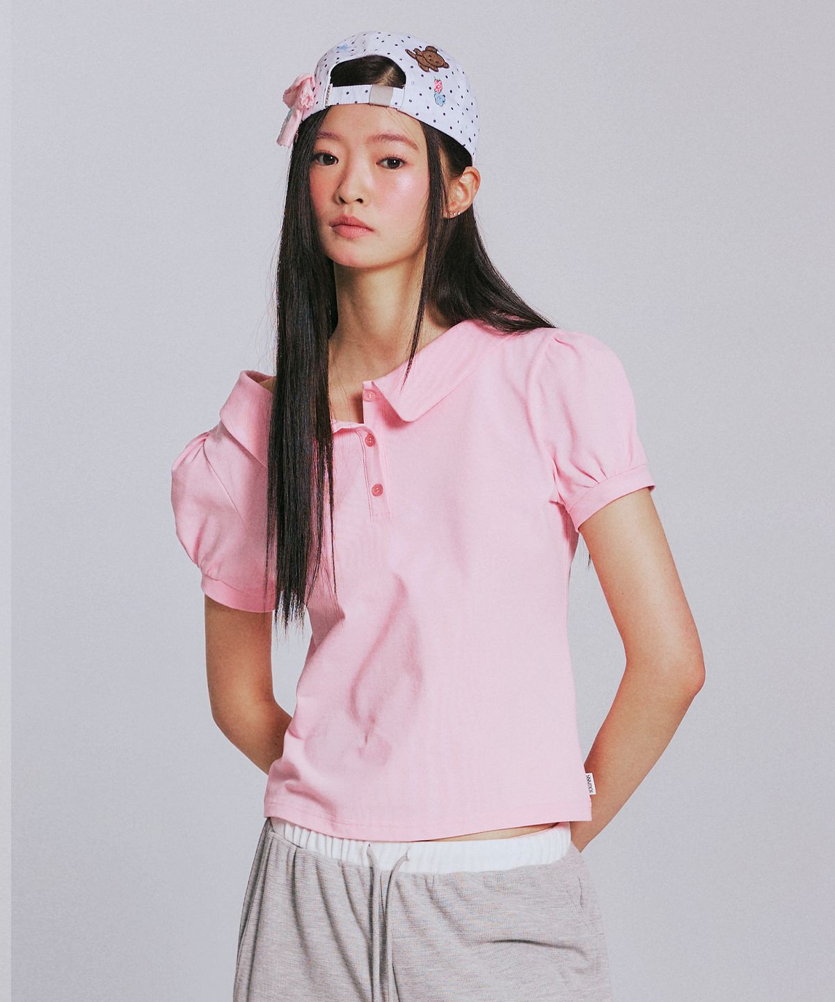 유희(YOUHEE) PUFF SLEEVE PK OFF-SHOULDER T-SHIRTS_PINK