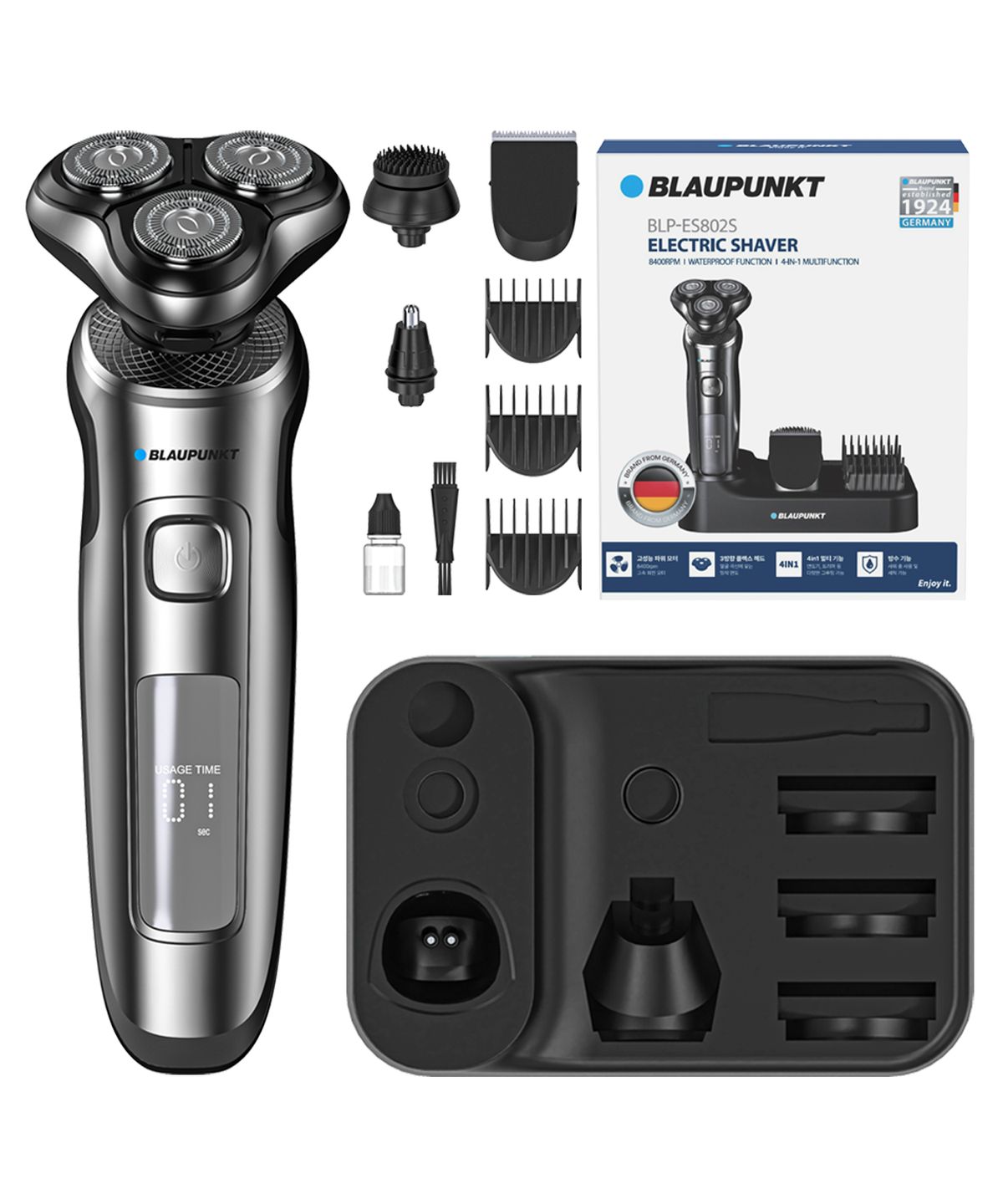 블라우풍트(BLAUPUNKT) 블라우풍트 IPX6 방수 5 in 1 3D 플렉스 쉐이버 3헤드 면도기 + 거치대 세트