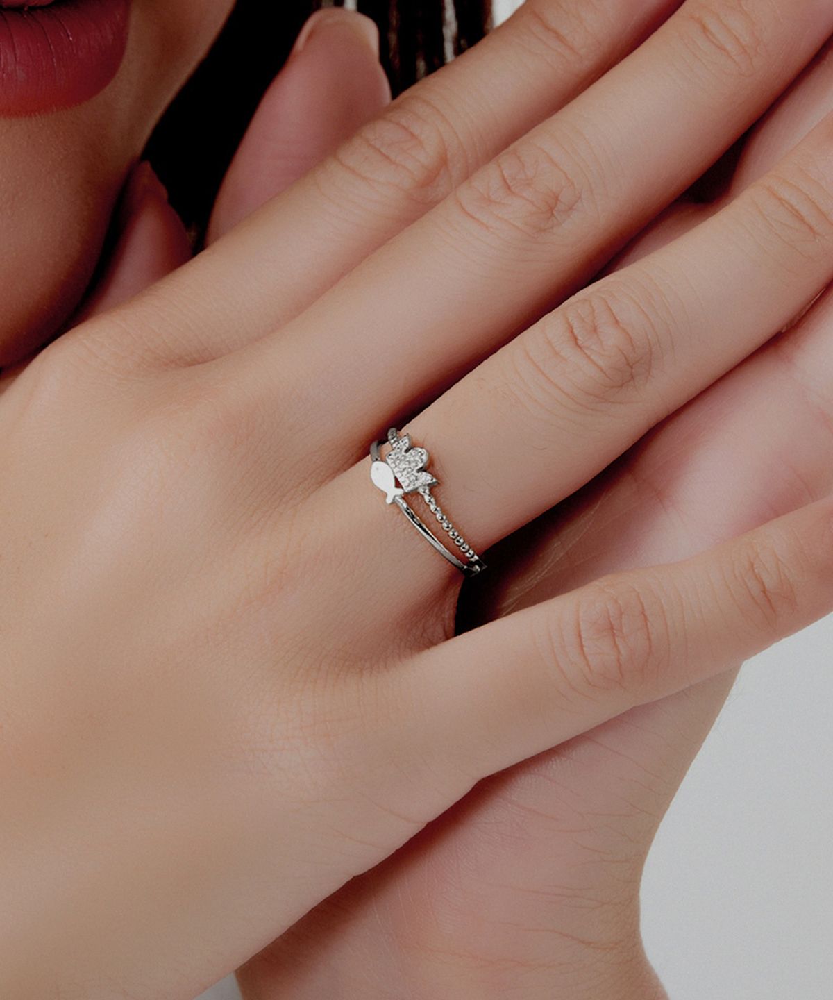 엘렌쥬얼리(HELENE JEWELRY) Silver 925 큐빅 왕관 물고기 레이어드 미스 링 반지