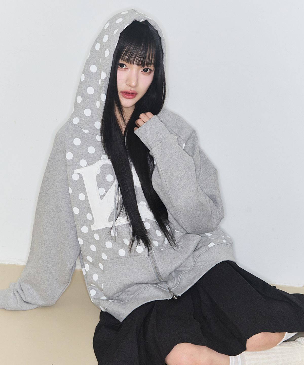 일리고(ILLIGO) 129 로고 패치 후드 집업 도트 멜란지