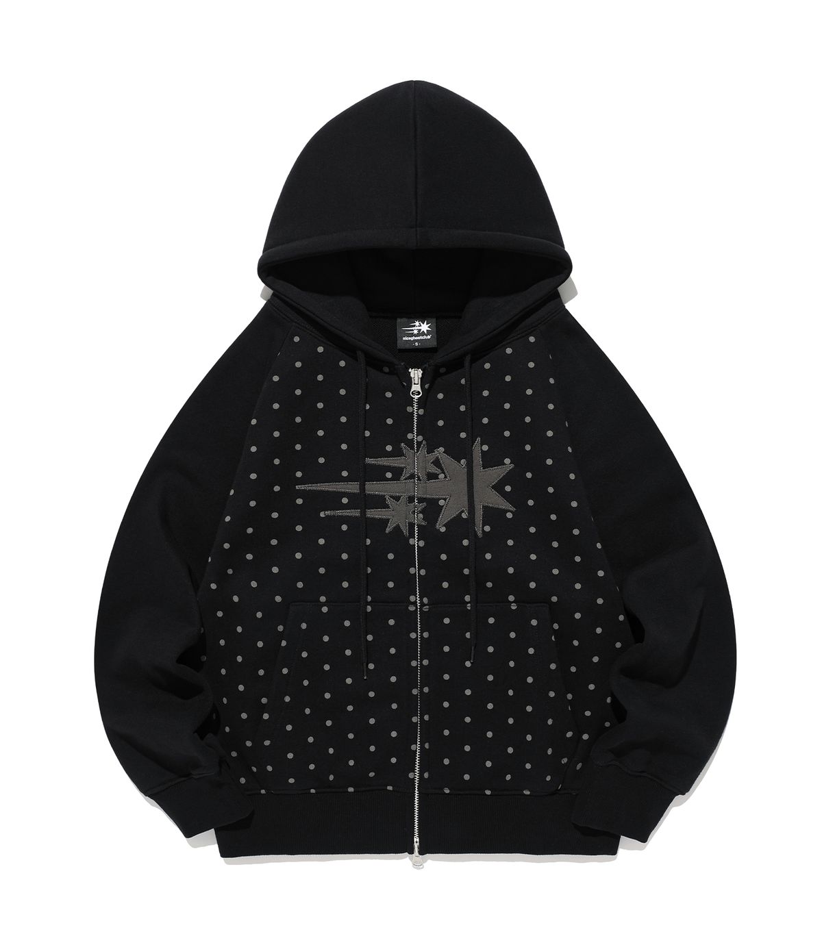 나이스고스트클럽(NICEGHOSTCLUB) DOT 3STAR RAGLAN CROP HOODIE ZIP UP_BLACK(NG2GSUM493A)