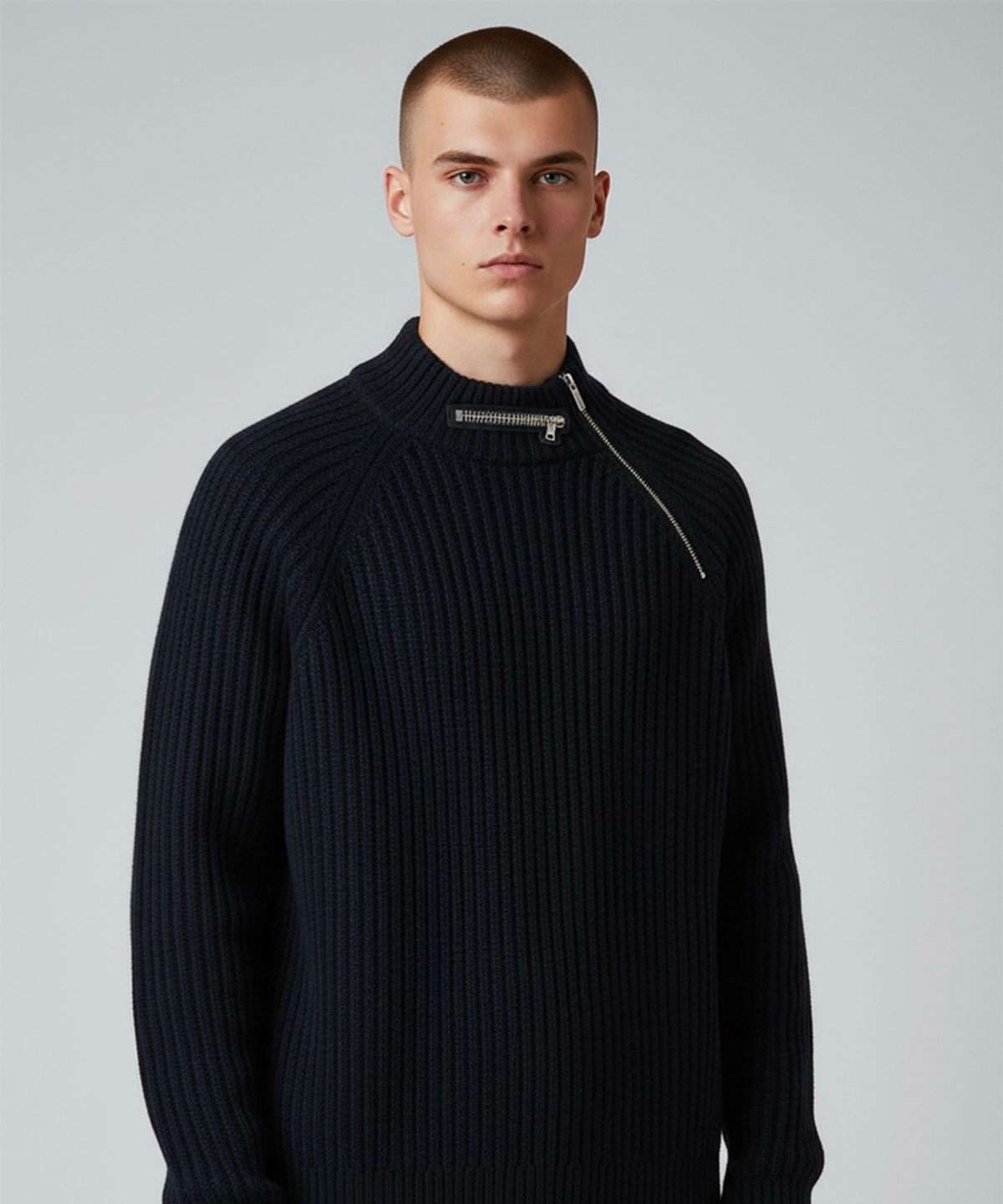 본슬리피(BORN SLIPPY) Muted Asymmetric Zip Rib Knit (Black)