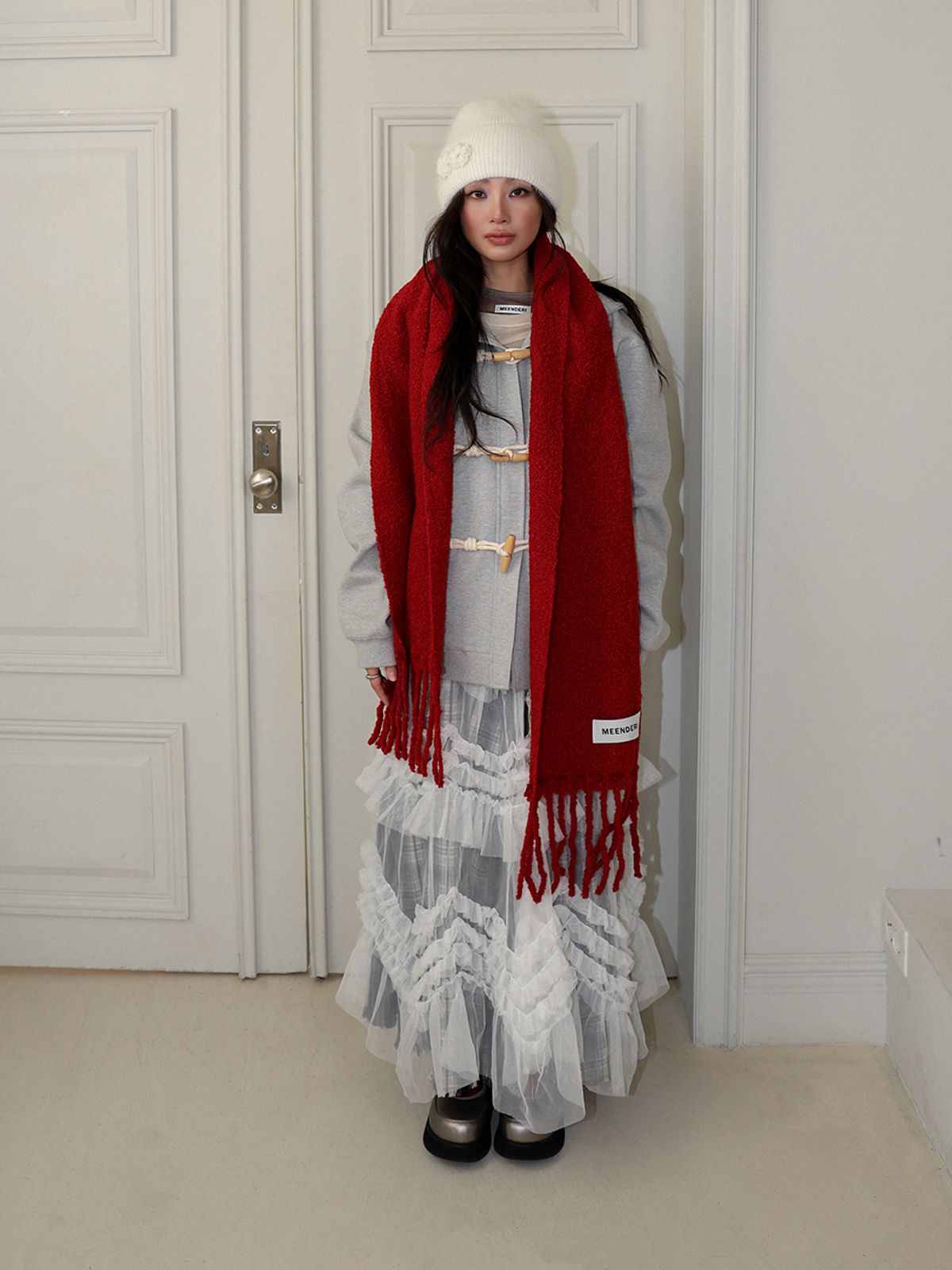 민더리(MEENDERI) BOUCLE STITCH LONG MUFFLER - RED