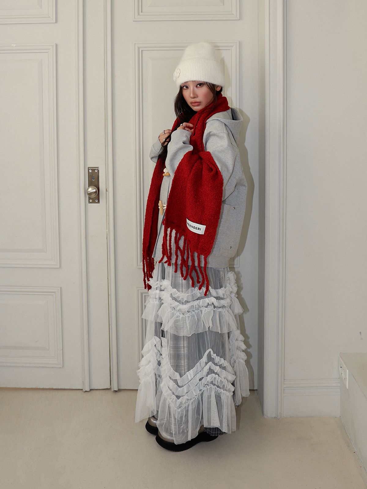 민더리(MEENDERI) BOUCLE STITCH LONG MUFFLER - RED