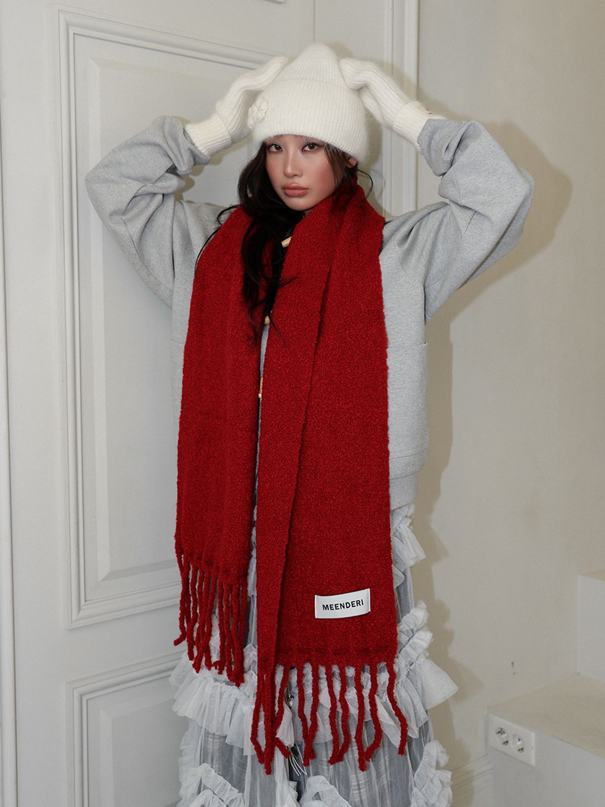 민더리(MEENDERI) BOUCLE STITCH LONG MUFFLER - RED