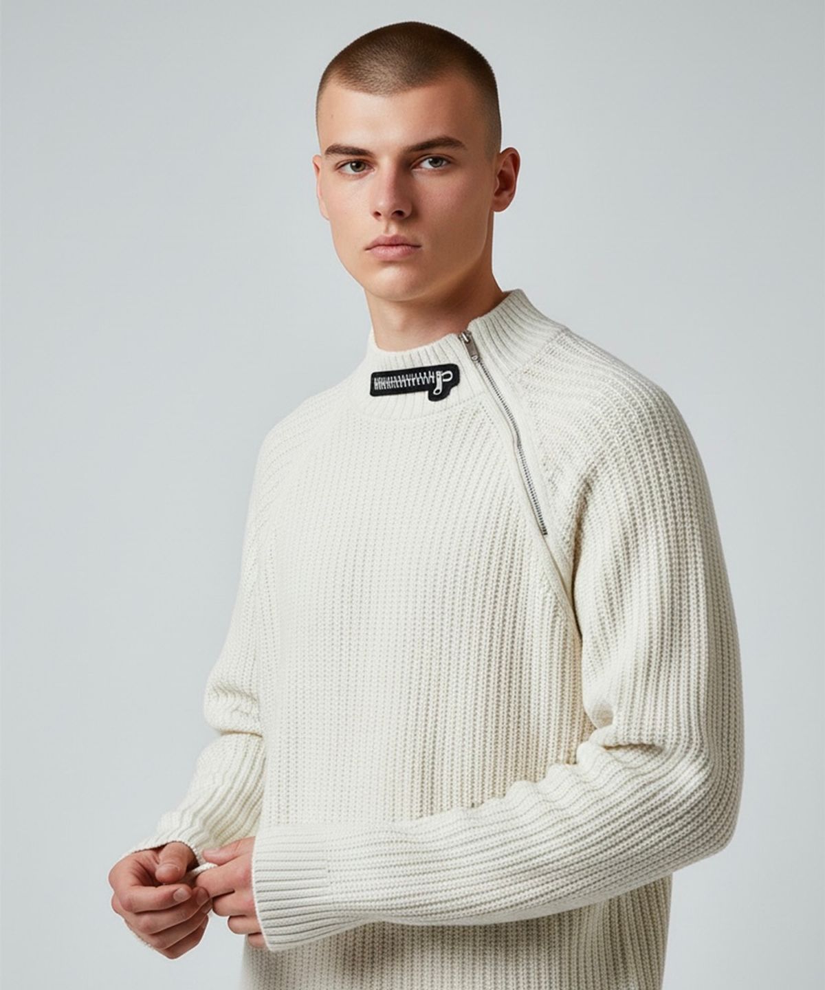 본슬리피(BORN SLIPPY) Muted Asymmetric Zip Rib Knit (Ivory)